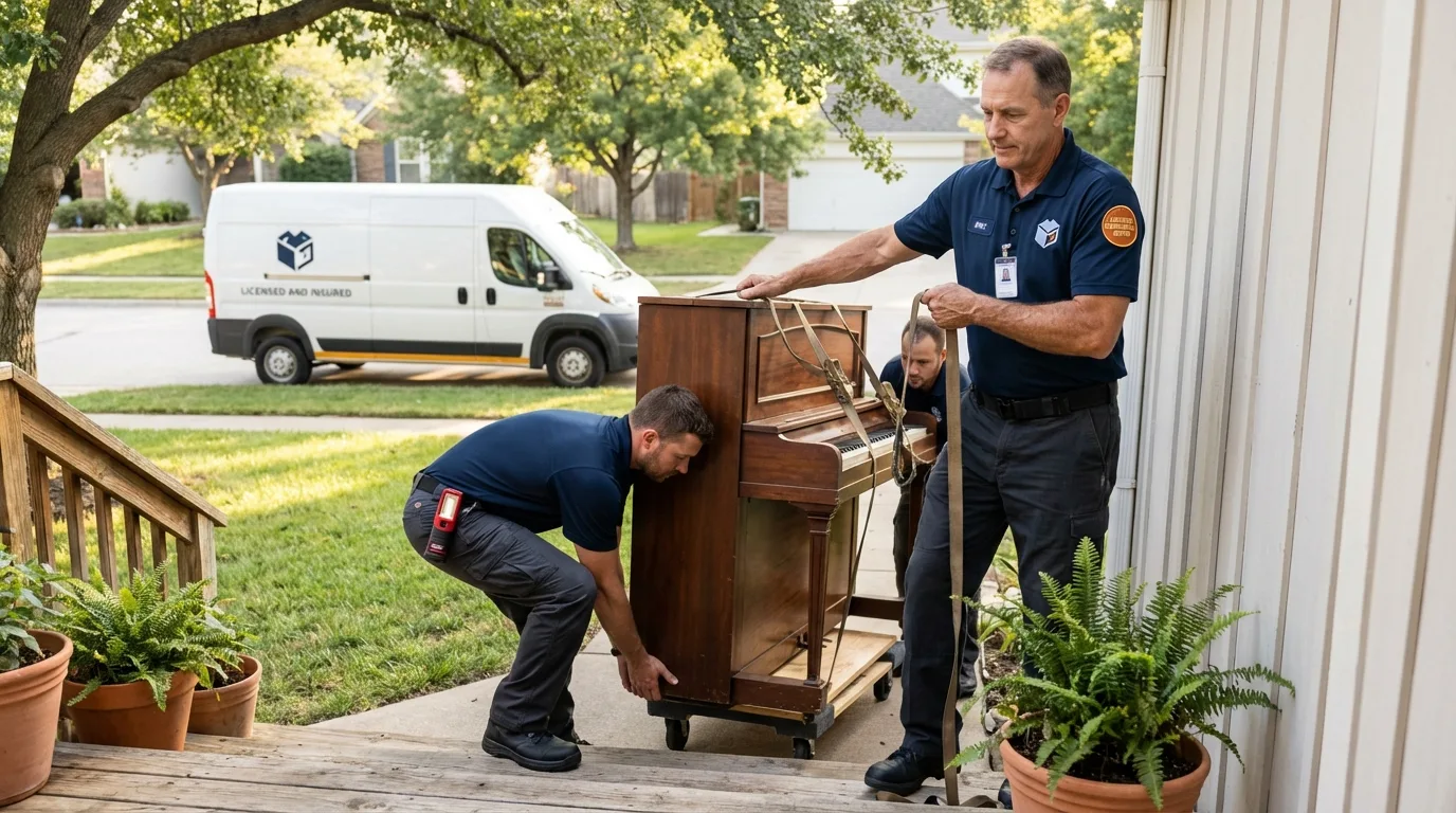 Licensed piano movers securing grand piano in Okawville, IL