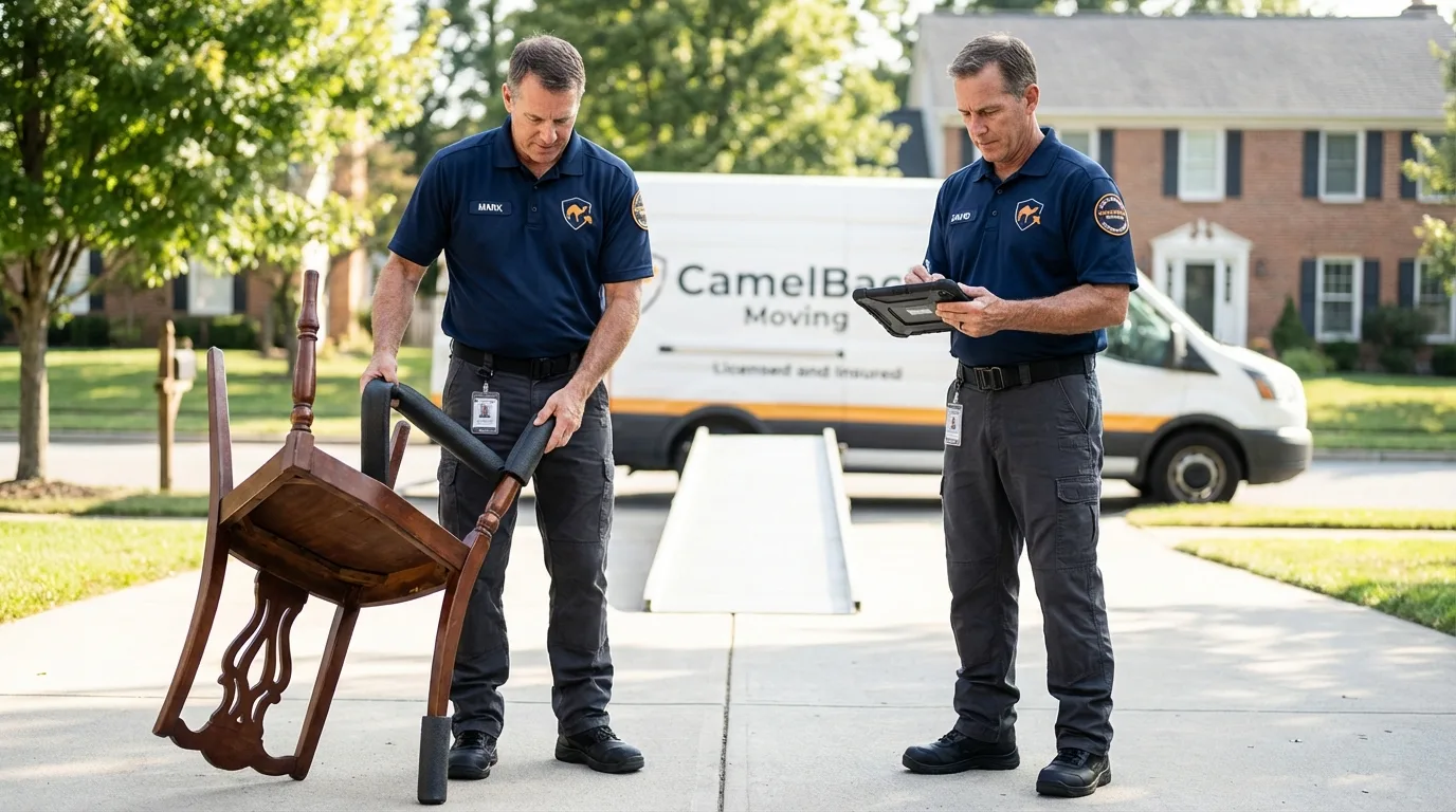 Movers inspecting furniture for damage prevention before loading in Okawville, IL