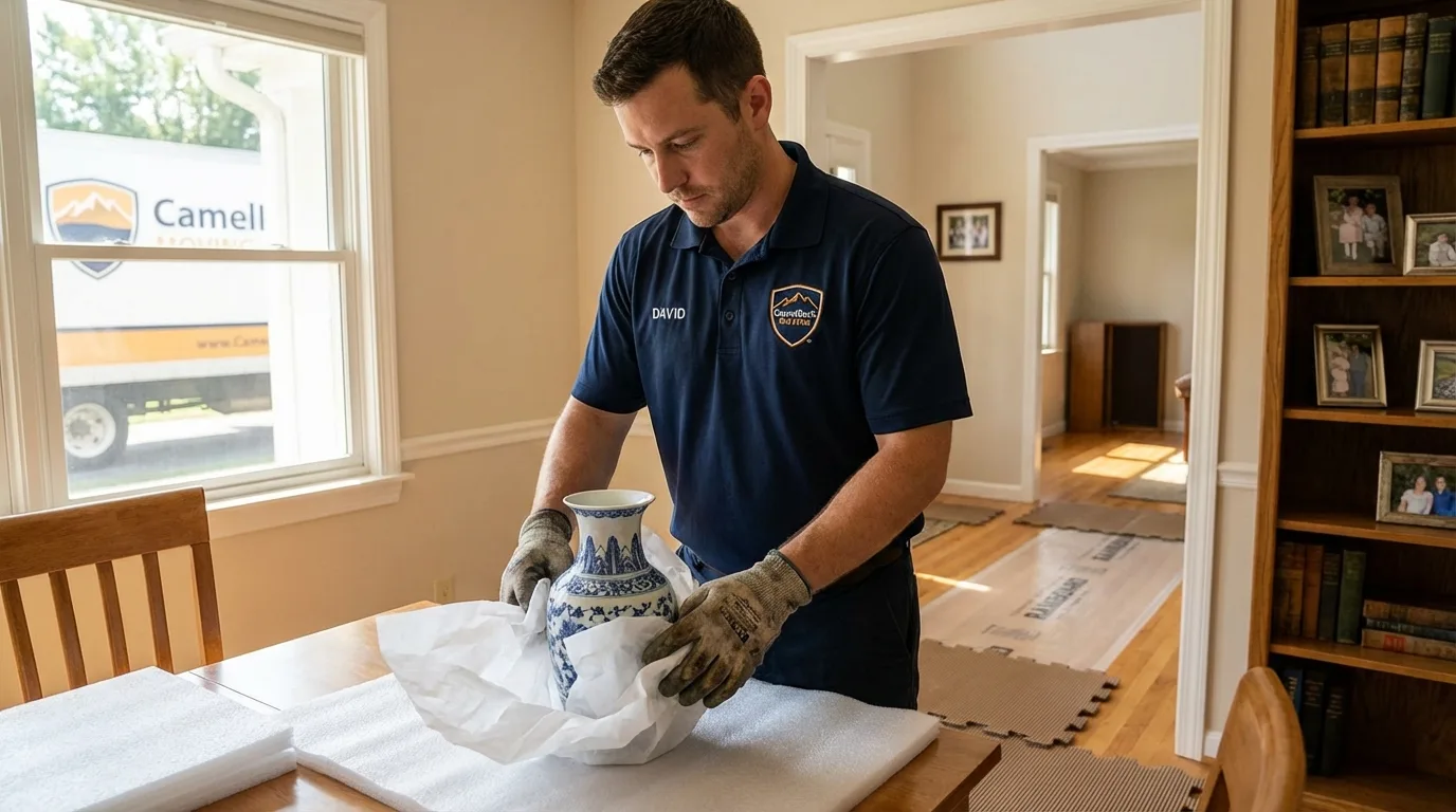 Professional crew carefully wrapping antique vase for senior downsizing move in Okawville, IL